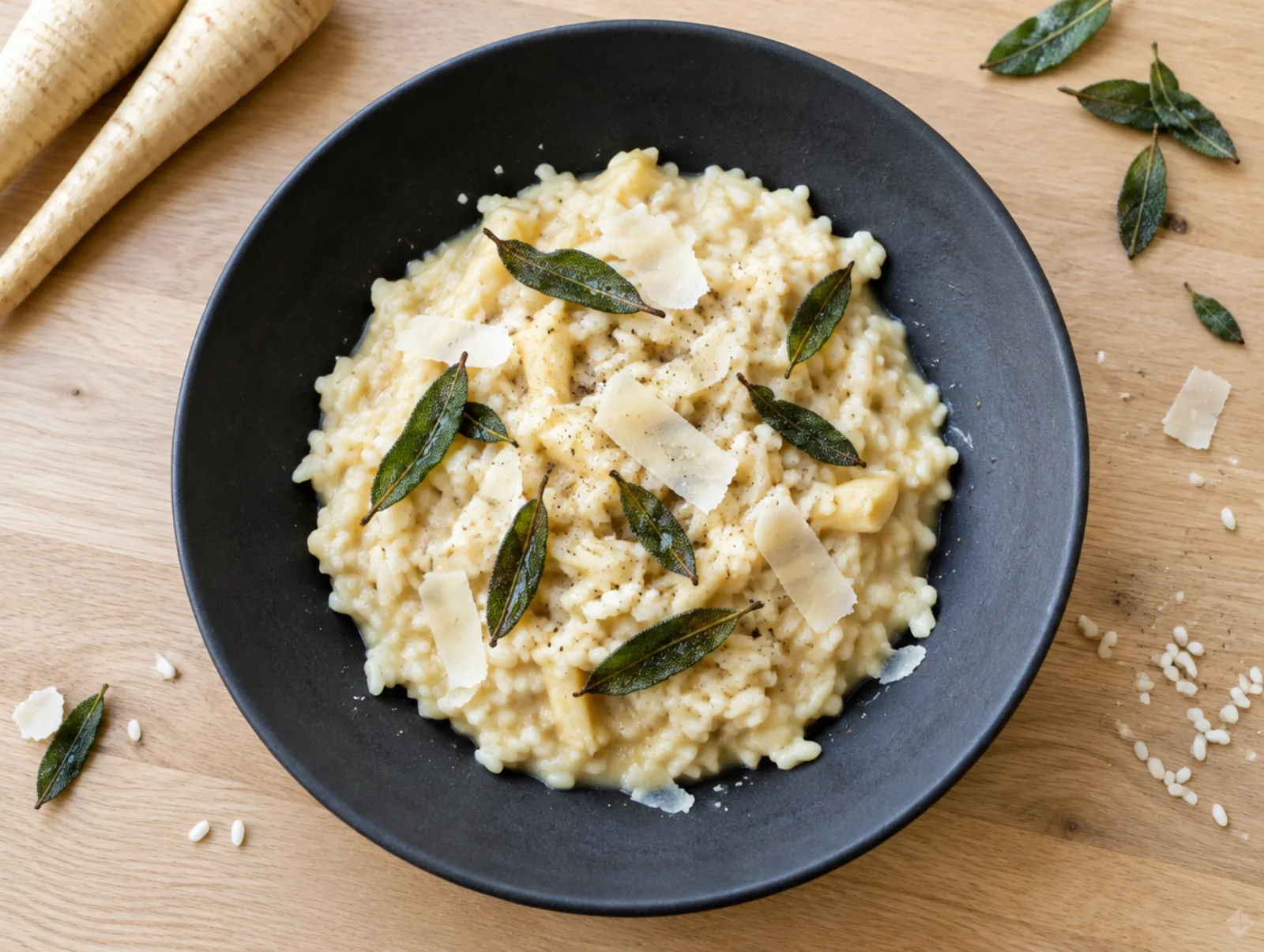 Risotto met pastinaak en gebakken salie op een donker bord