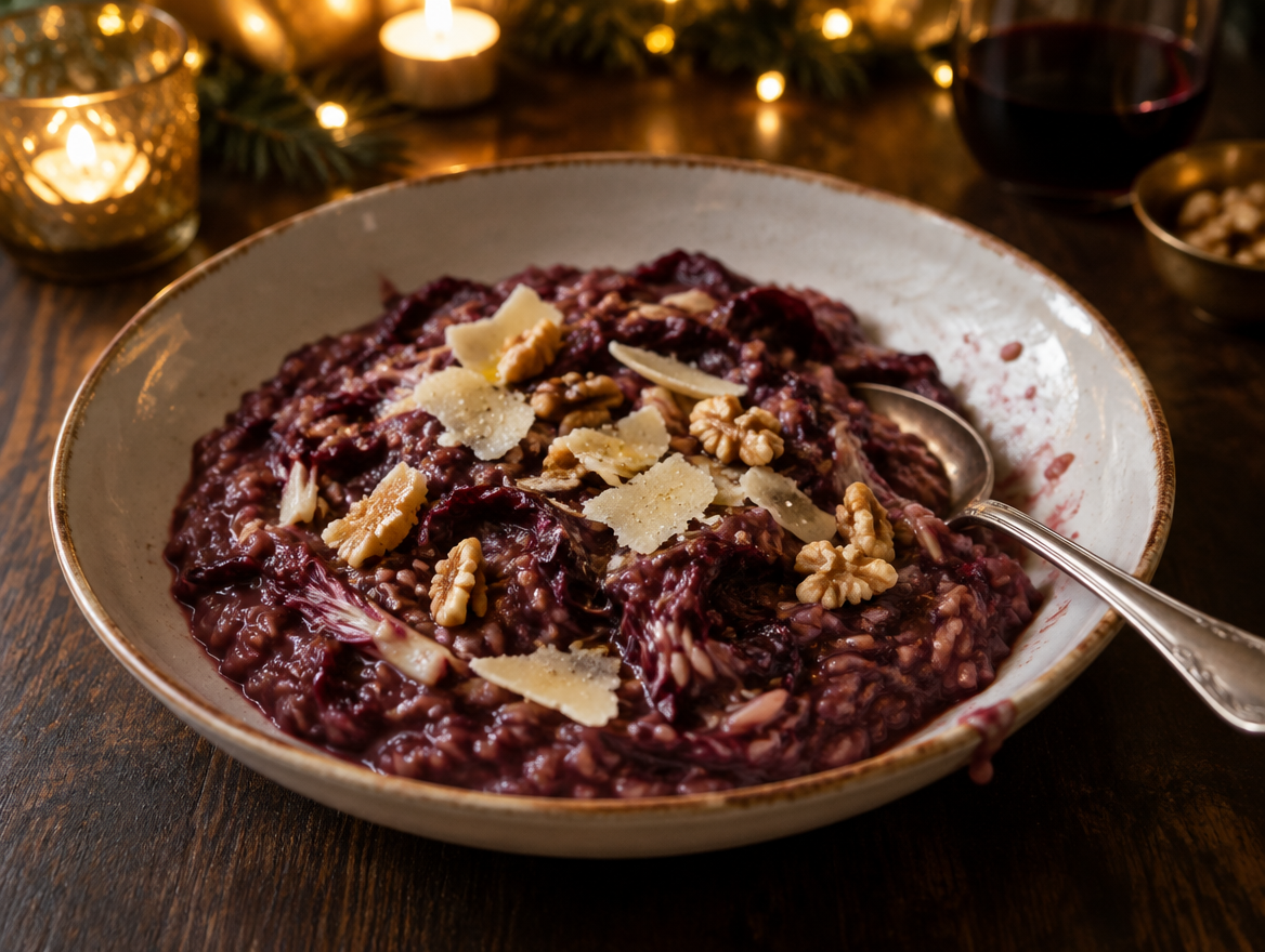 Risotto met radicchio en rode wijn in een diep bord met parmezaan en walnoot