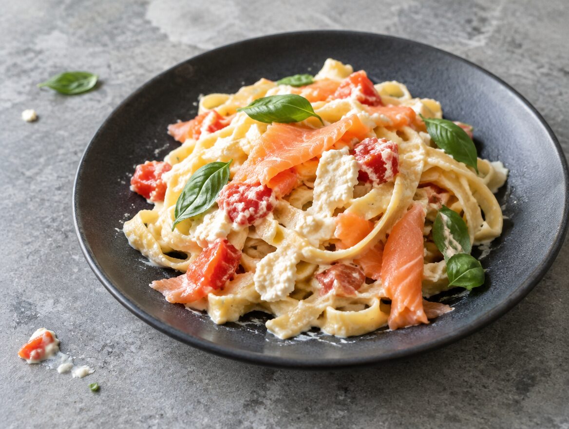romige pasta met zalm, verse tomaat en ricotta op een donker bord