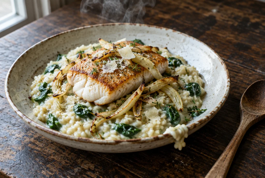 Romige risotto met venkel en kabeljauwfilet in een aardewerken schaal