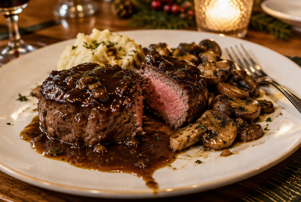 Rundertournedos met marsalasaus en champignons op een wit bord