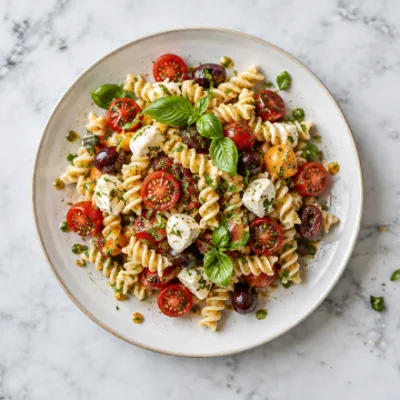 Italiaanse pastasalade met kerstomaatjes, olijven en basilicum