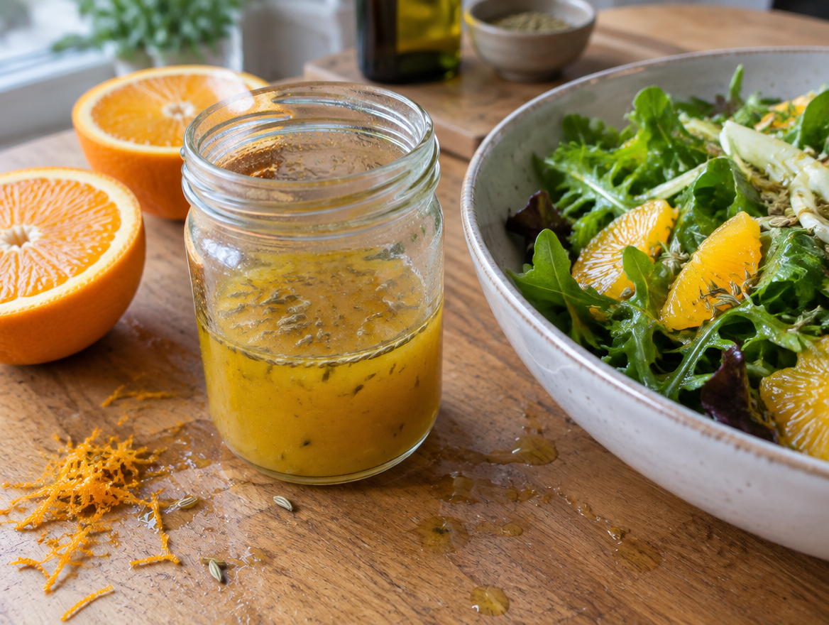 Sinaasappeldressing met venkelzaad in een glazen potje naast een voorjaarssalade