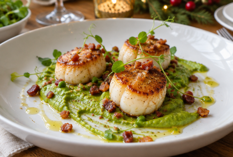 Sint-jakobsschelpen met pancetta en doperwtenpuree