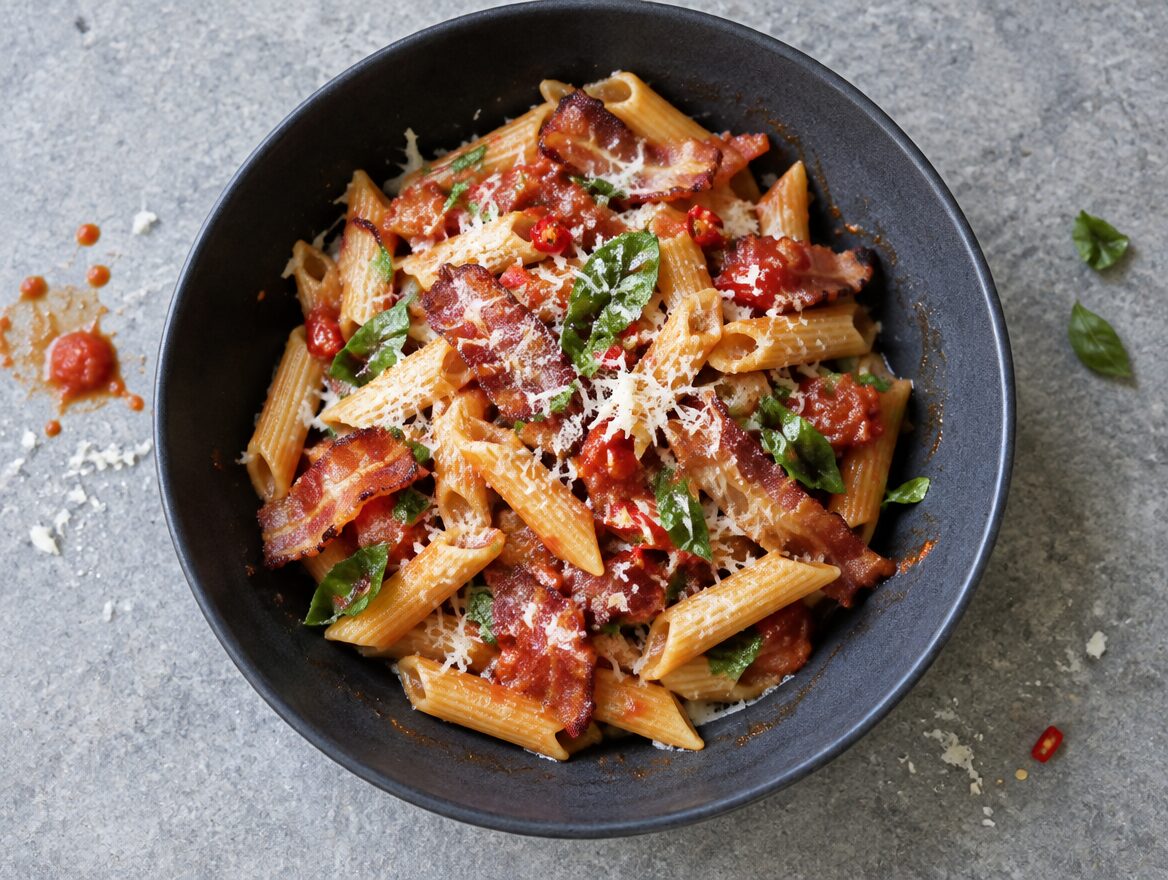 Snelle Italiaanse pasta met tomatensaus, spek en basilicum