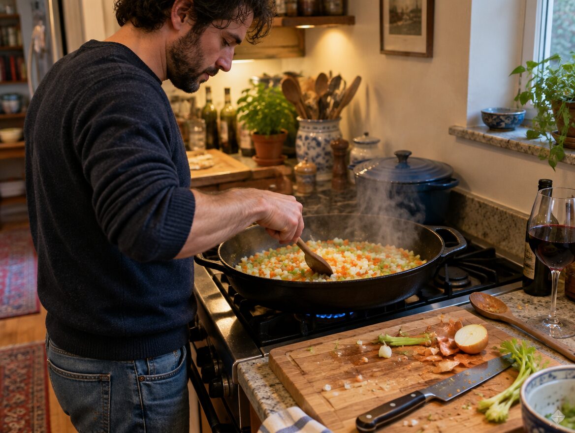Soffritto maken van ui, wortel en bleekselderij in een pan met olijfolie