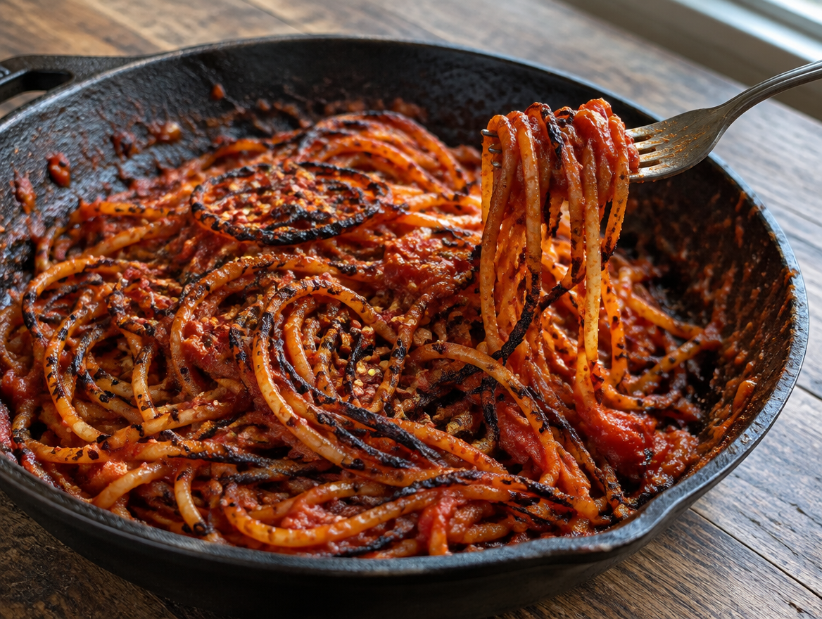 Spaghetti all'assassina met krokante, gebrande randen in een gietijzeren pan