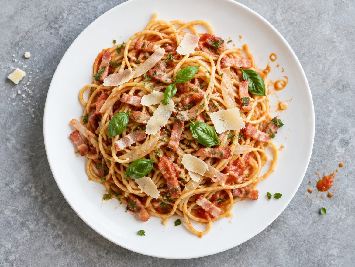 spaghetti di Roberto met spek, passata en verse parmezaanse kaas