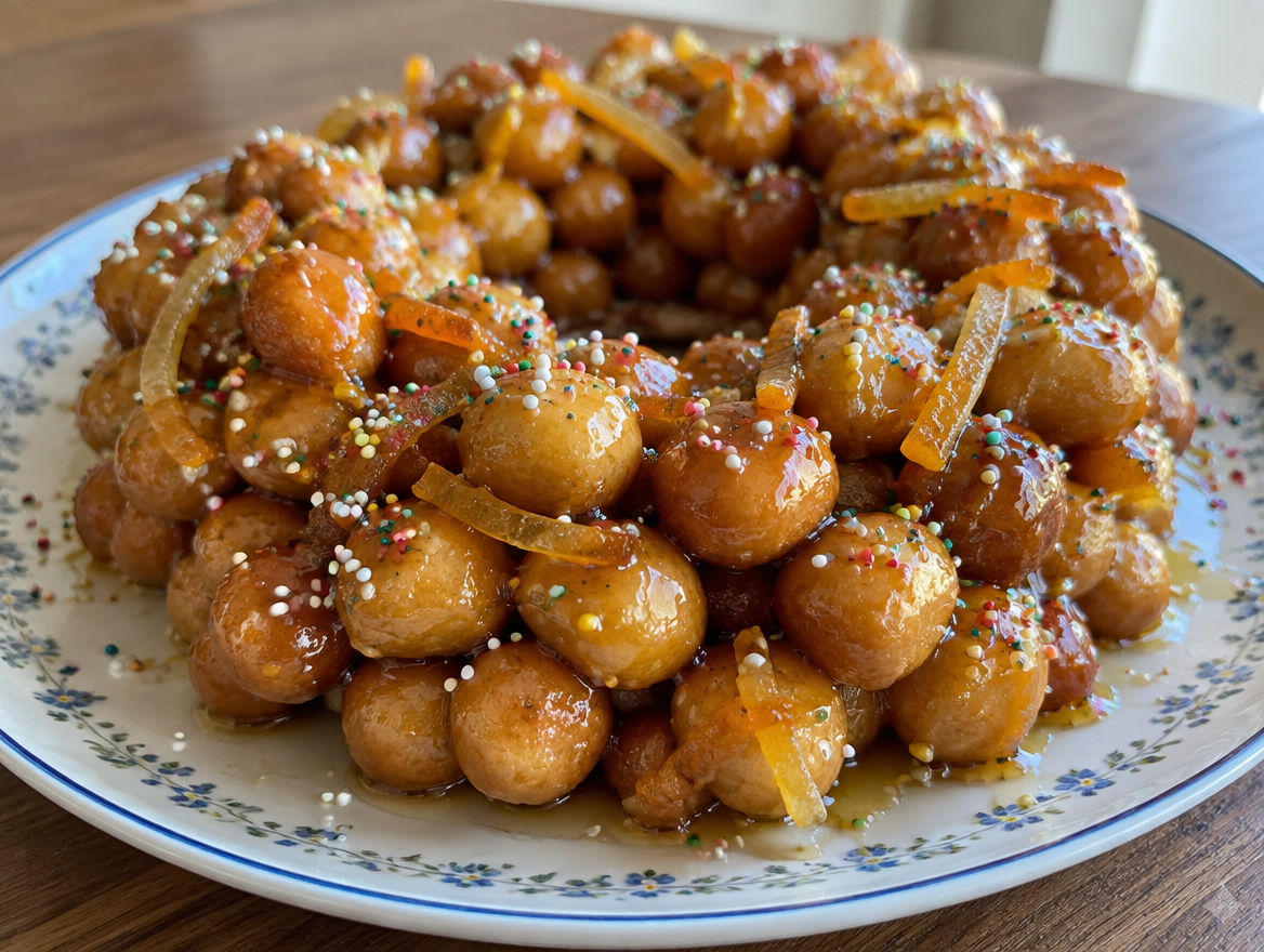 Struffoli met honing en gekonfijte sinaasappelschil