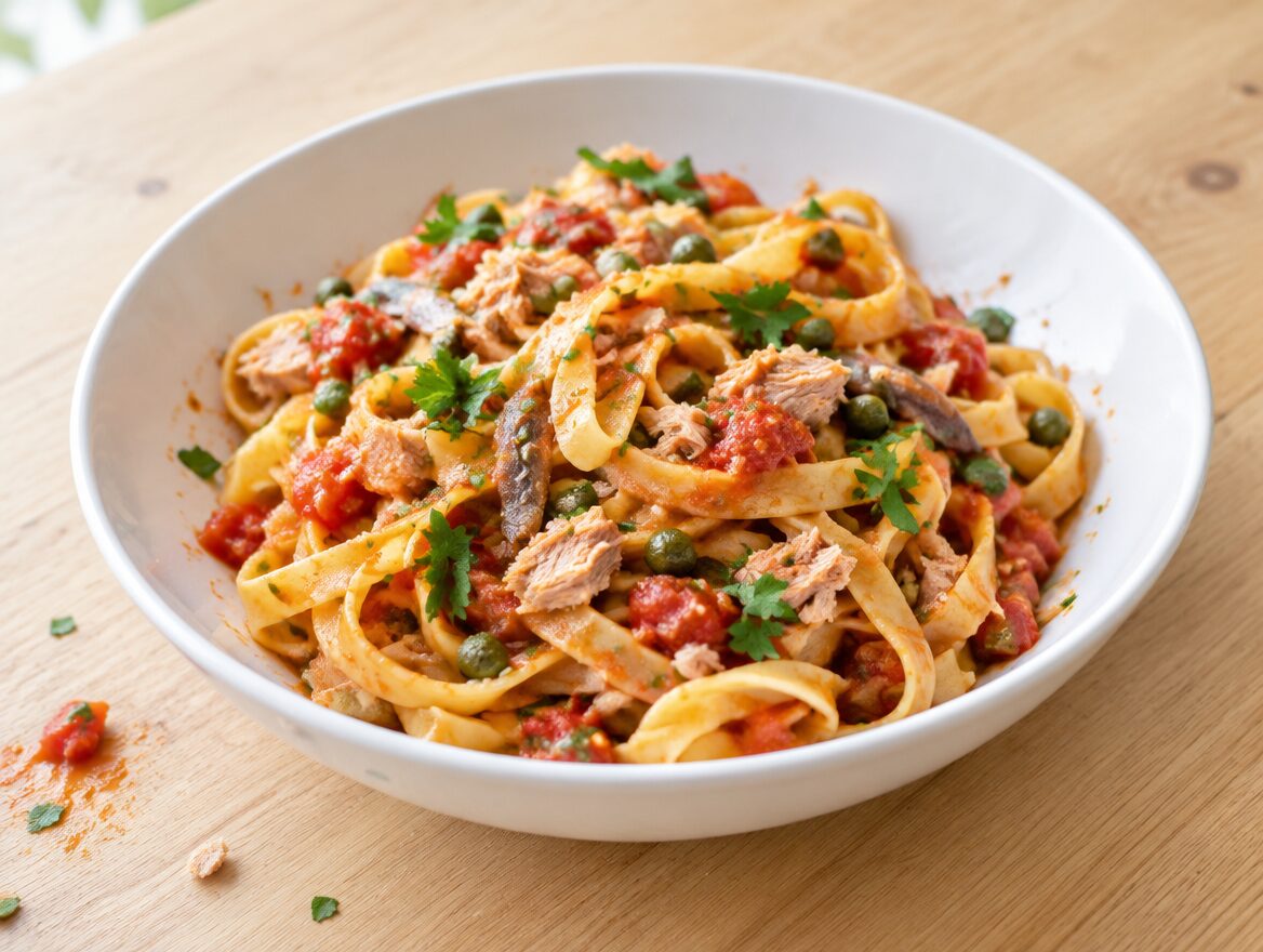 tagliatelle al tonno met tonijn, tomaat, ansjovis en peterselie in een diepe kom
