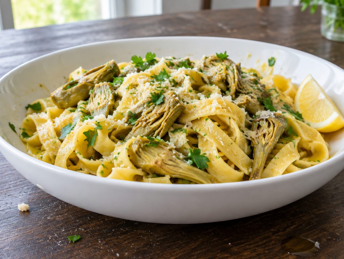 tagliatelle met artisjokken, peterselie en parmezaan