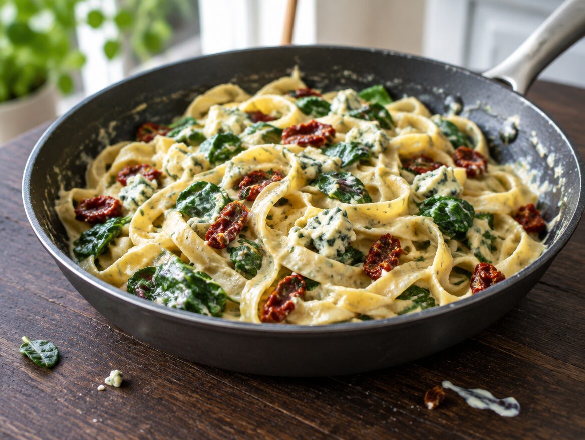 romige tagliatelle met bladspinazie en roquefort in een koekenpan
