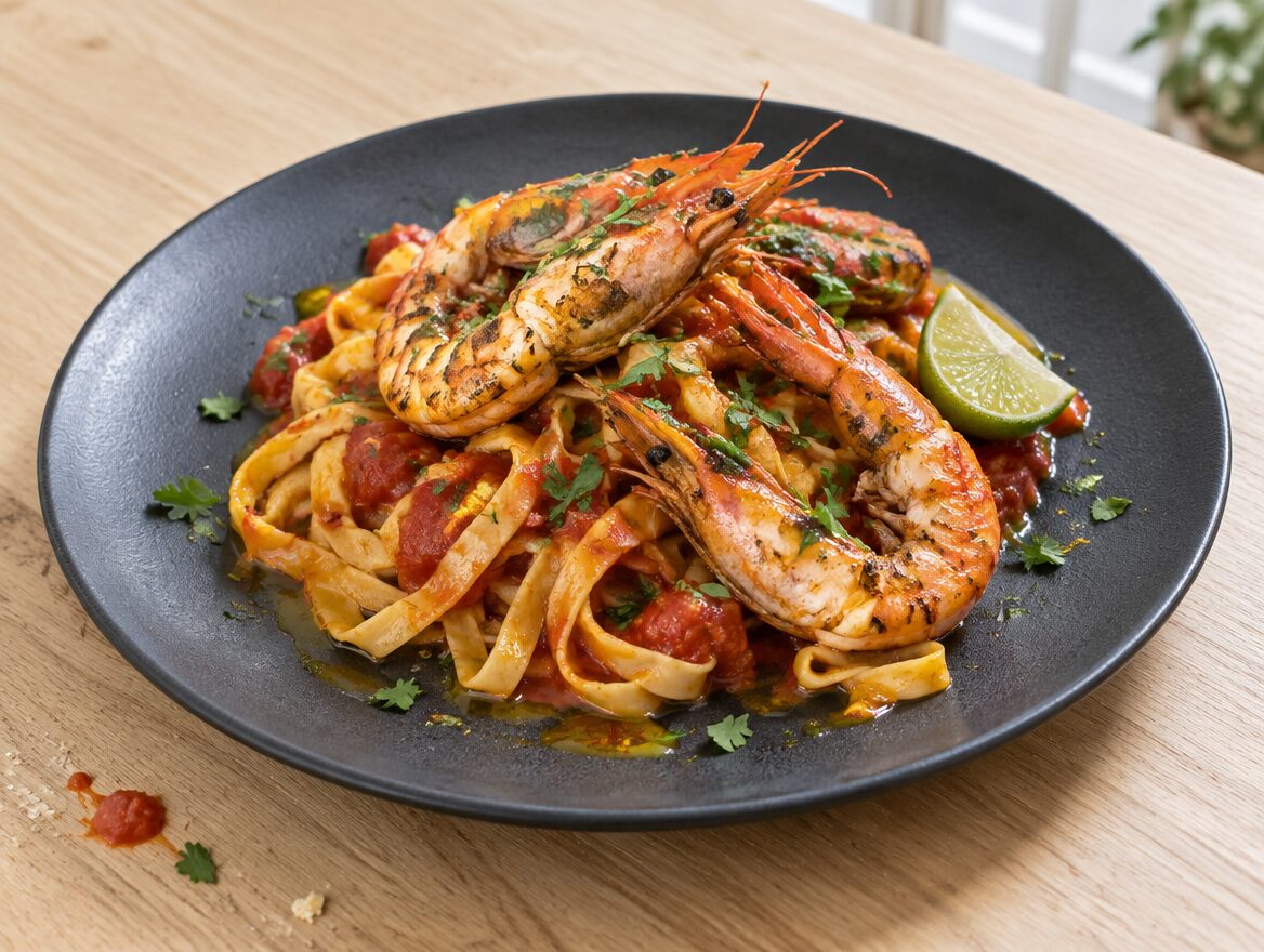 tagliatelle met gamba's in een Napolitaanse tomatensaus met limoen en peterselie