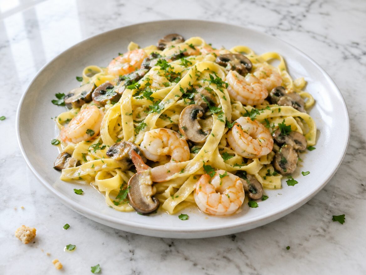 tagliatelle met garnalen en champignons in witte wijnsaus