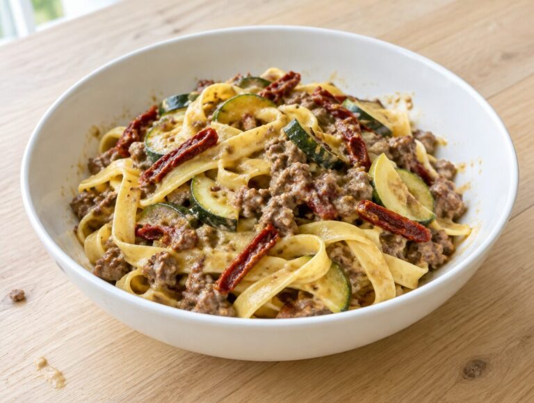 Tagliatelle met gehakt, gedroogde tomaten en courgette