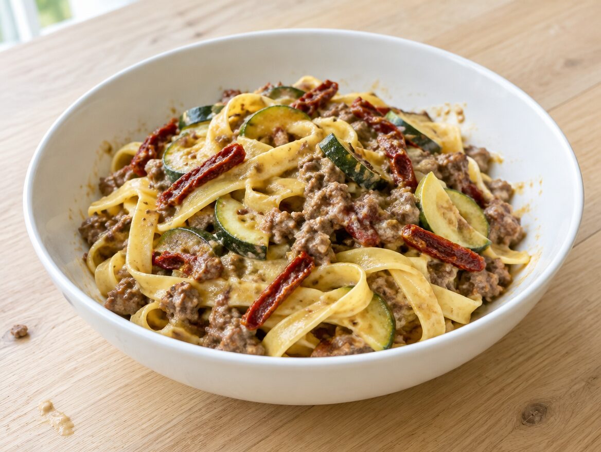 tagliatelle met gehakt, gedroogde tomaten en courgette in een romige saus