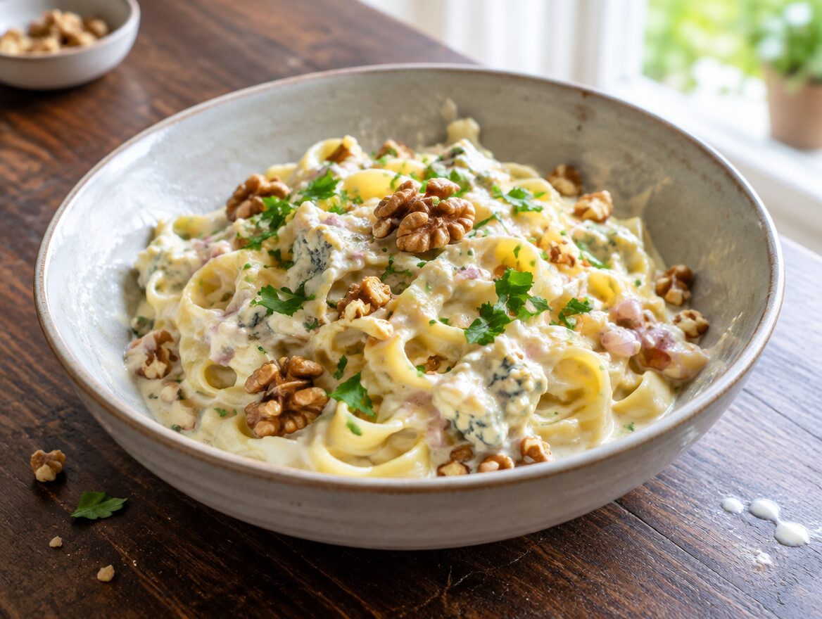 tagliatelle met gorgonzola en walnoten in een romige saus