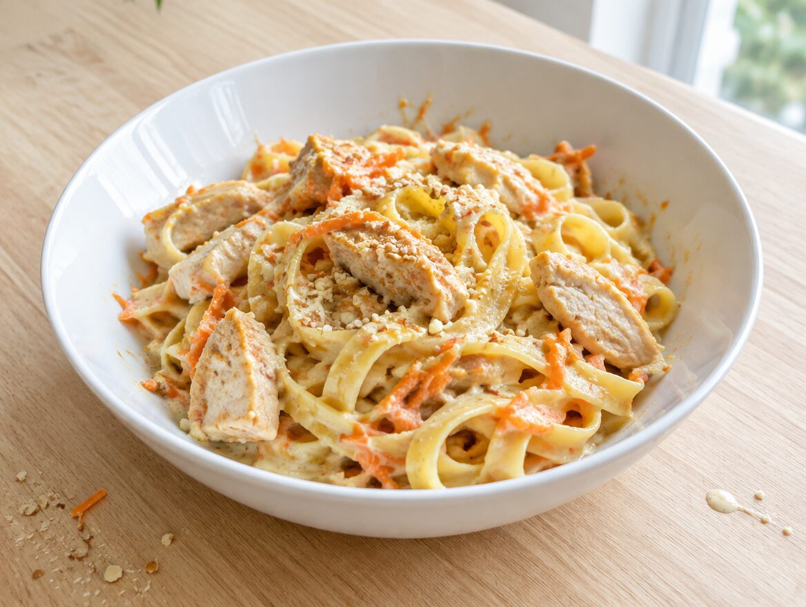 tagliatelle met kip en amandelsaus in een diepe kom