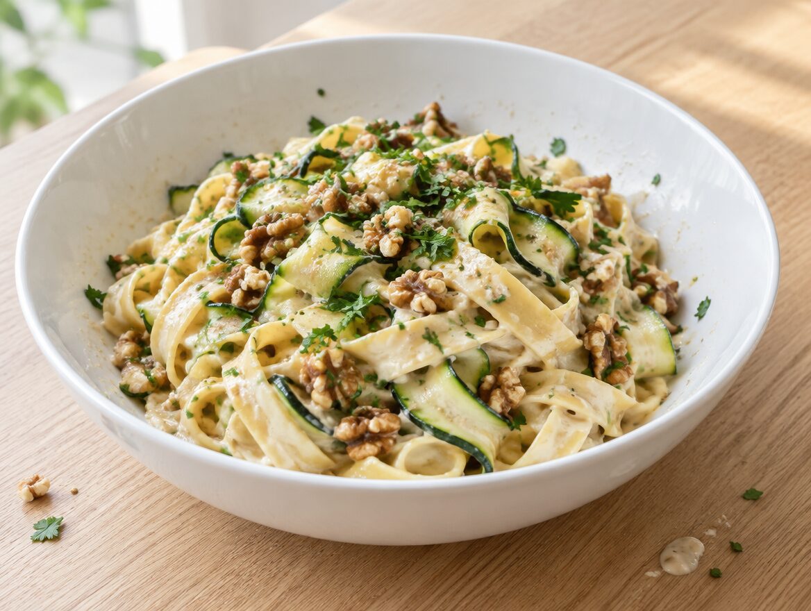 tagliatelle met noten, courgette en crème fraîche in een diepe schaal