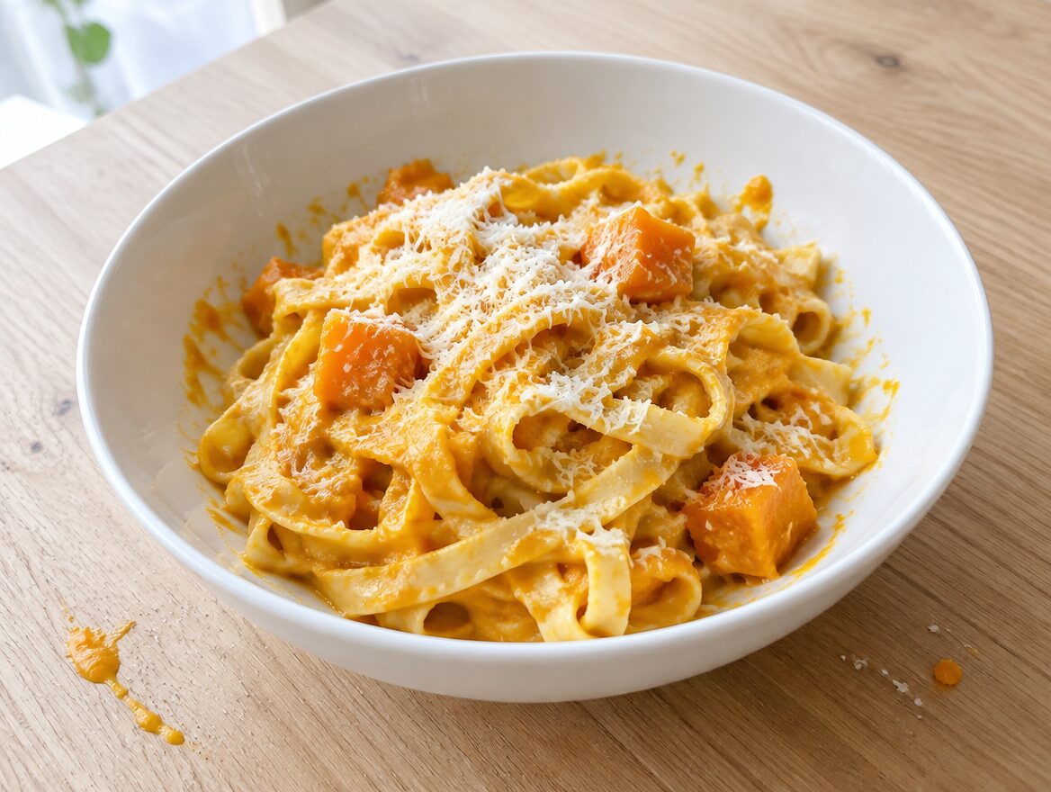 tagliatelle met pompoensaus in een diepe witte kom met parmezaan