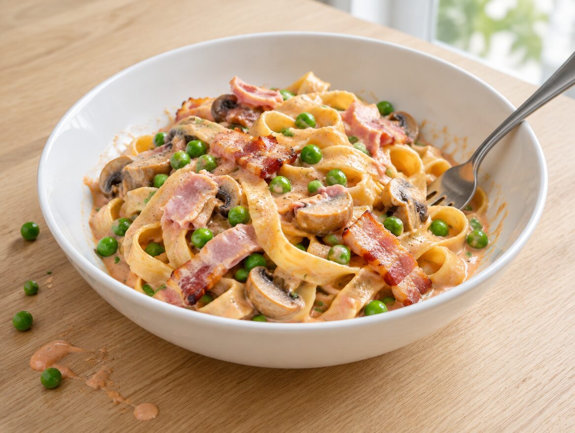 tagliatelle met spekjes en ham in een lichte roomsaus met champignons en doperwtjes