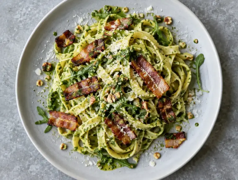 Tagliatelle met spek en walnoten-rucolapesto