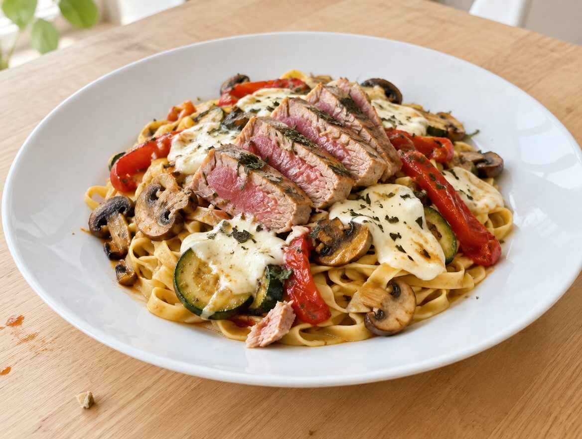 tagliatelle met tonijn en mozzarella met gegrilde groenten