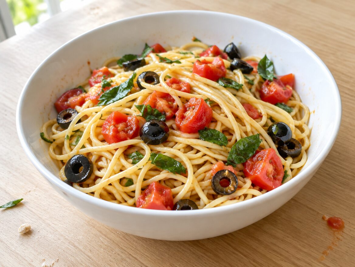 tomaten-basilicumpasta met verse tomaat, basilicum en zwarte olijven in een witte kom