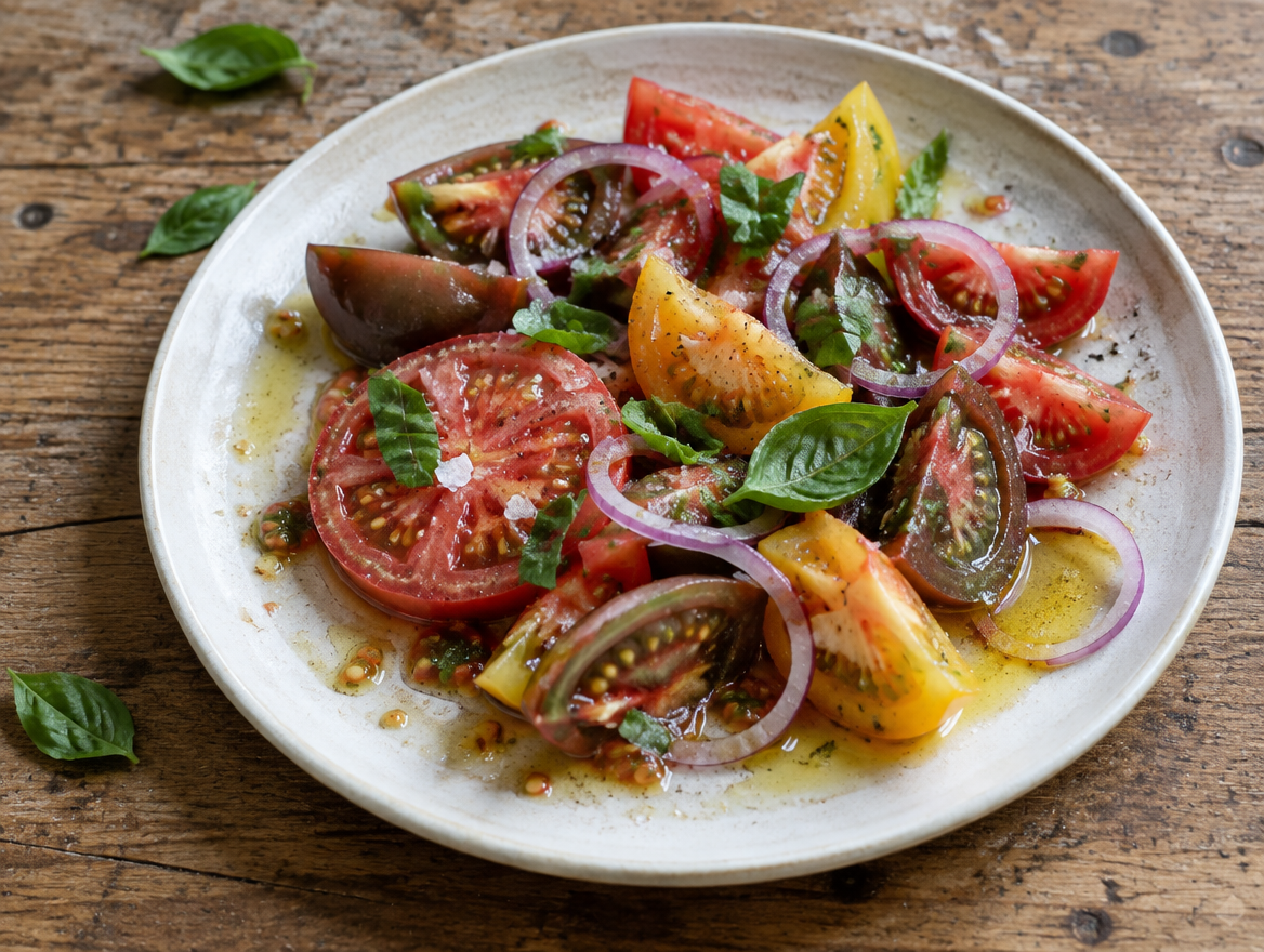 Tomatensalade met rode ui en basilicum op een bord