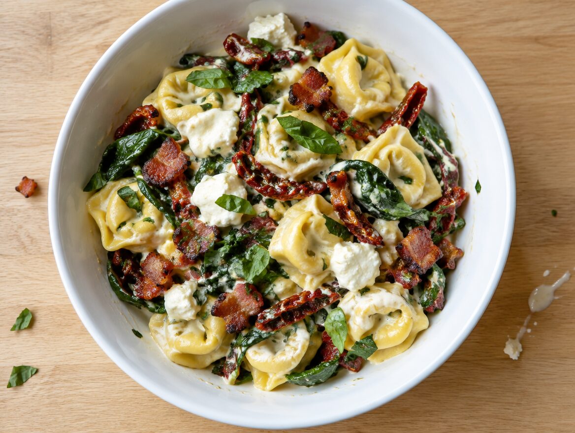 tortellini met geitenkaas en spinazie met spekblokjes, zongedroogde tomaat en basilicum