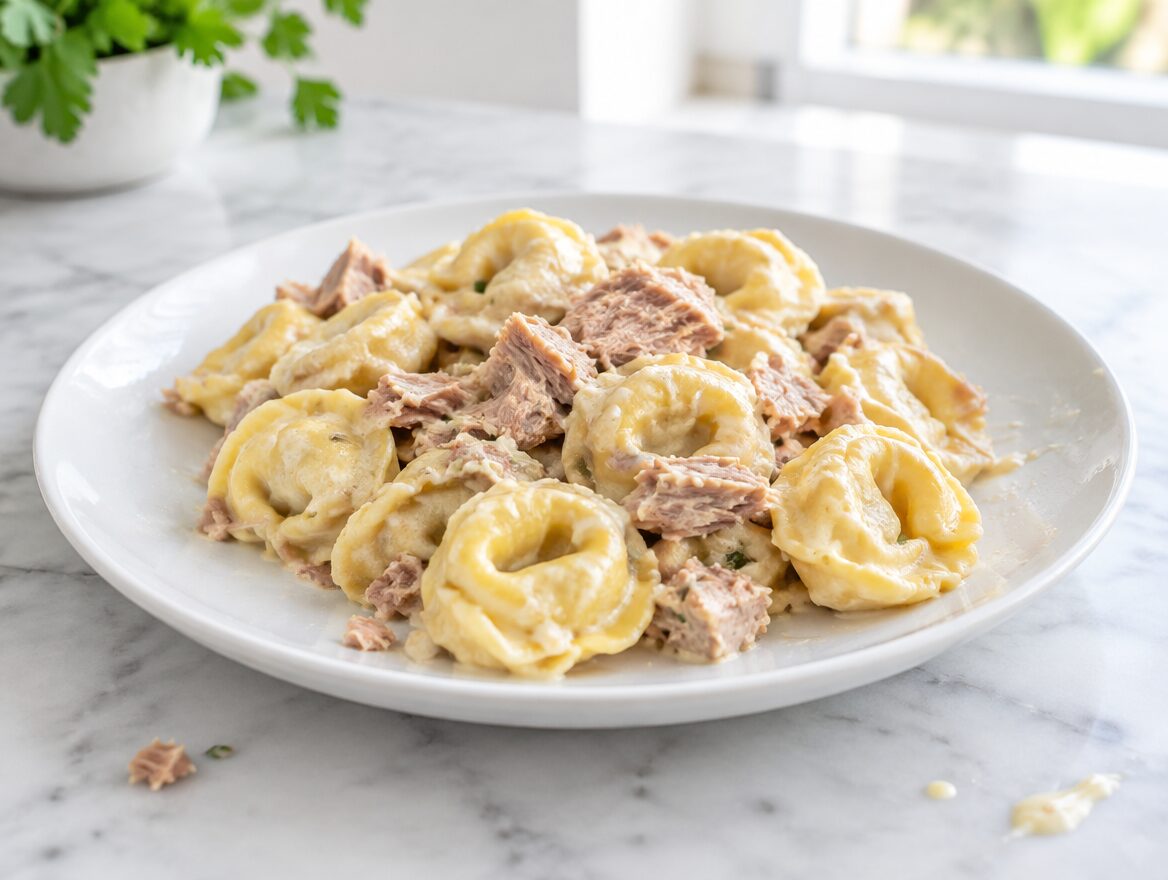 tortellini met tonijnsaus op een wit bord