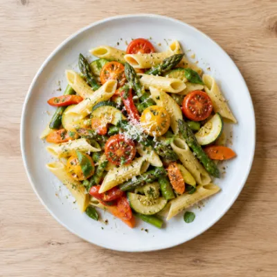 Bord pasta primavera met verse groenten