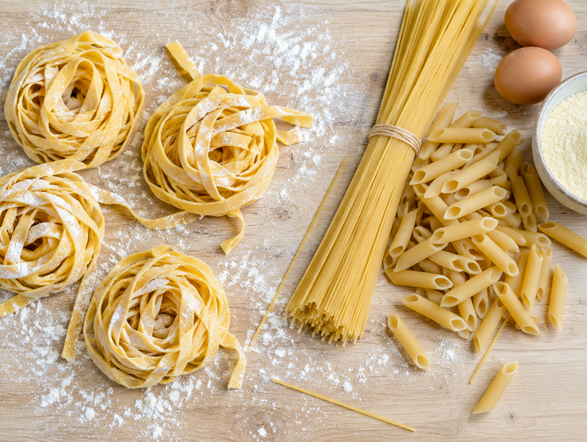 Verse pasta of gedroogde pasta: nestjes verse tagliatelle naast gedroogde spaghetti en penne