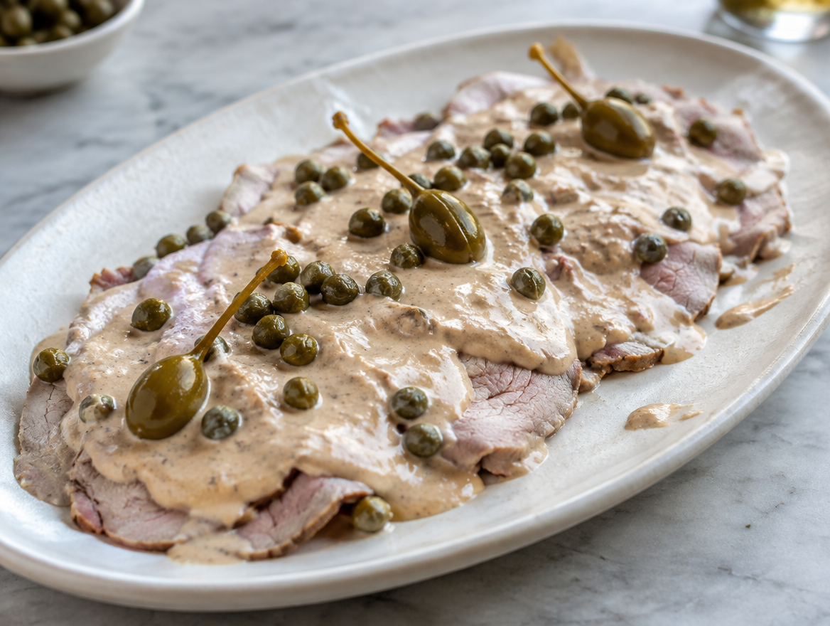 Vitello tonnato met kappertjes op een ovalen bord