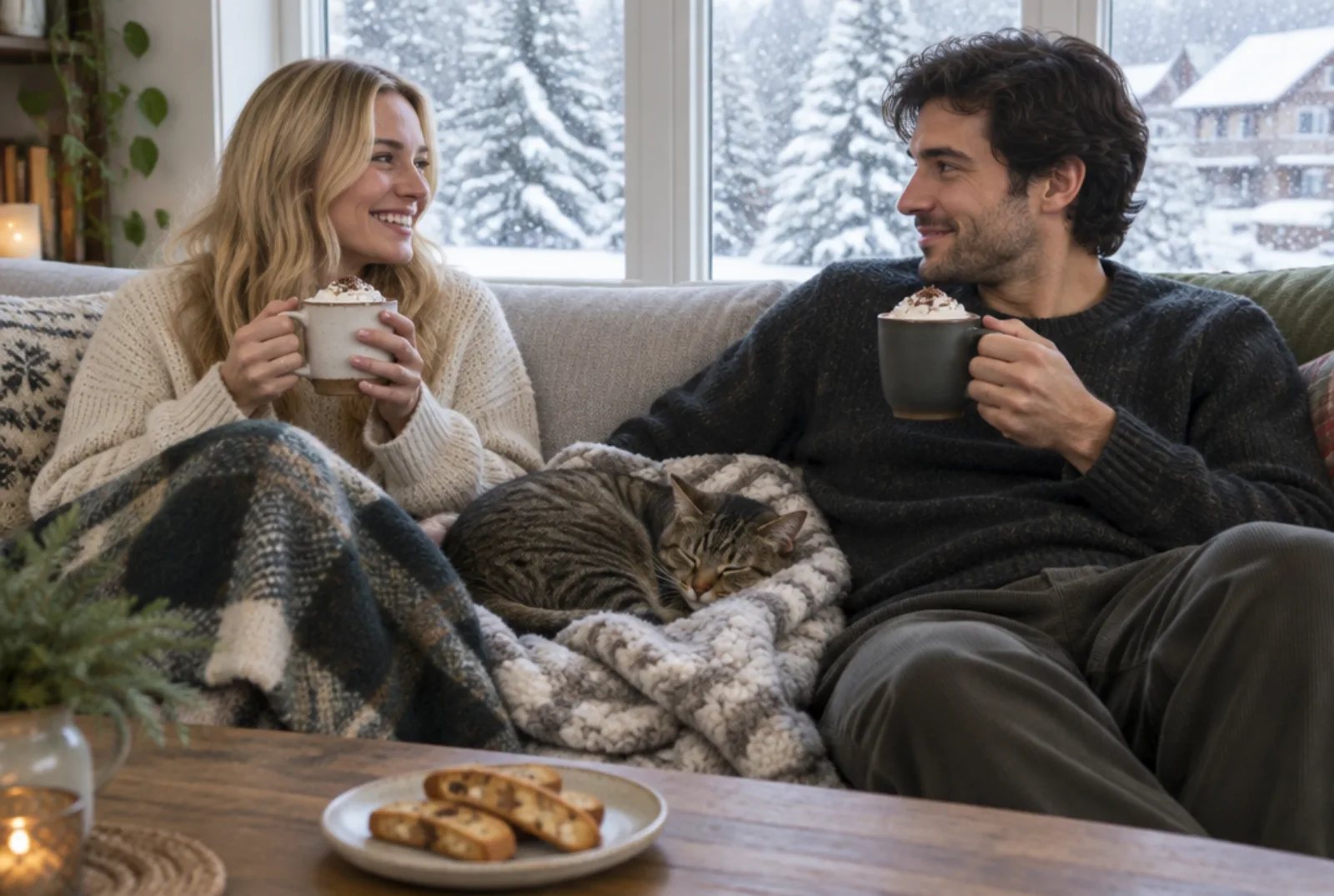 Warme Italiaanse dranken: twee vrienden met chocolademelk op de bank, met een kat en sneeuw buiten