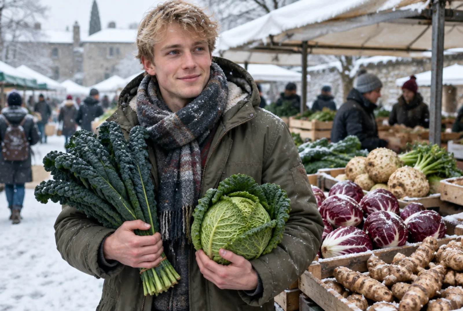 Wintergroenten in de Italiaanse keuken: een man met cavolo nero en savooiekool op een sneeuwmarkt