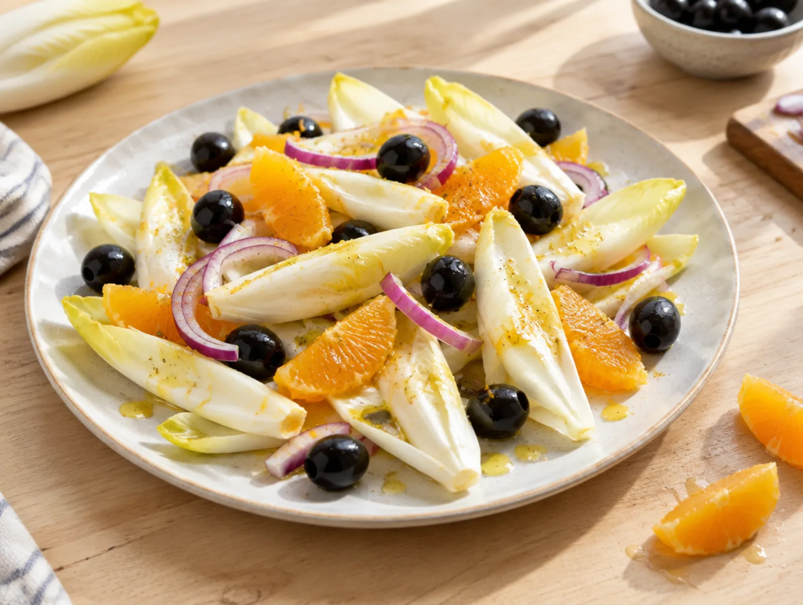 Witlofsalade met sinaasappel, olijven en rode ui op een plat bord