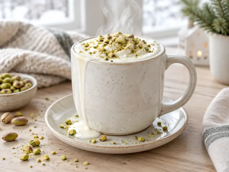 Witte chocolademelk met pistache en vanille