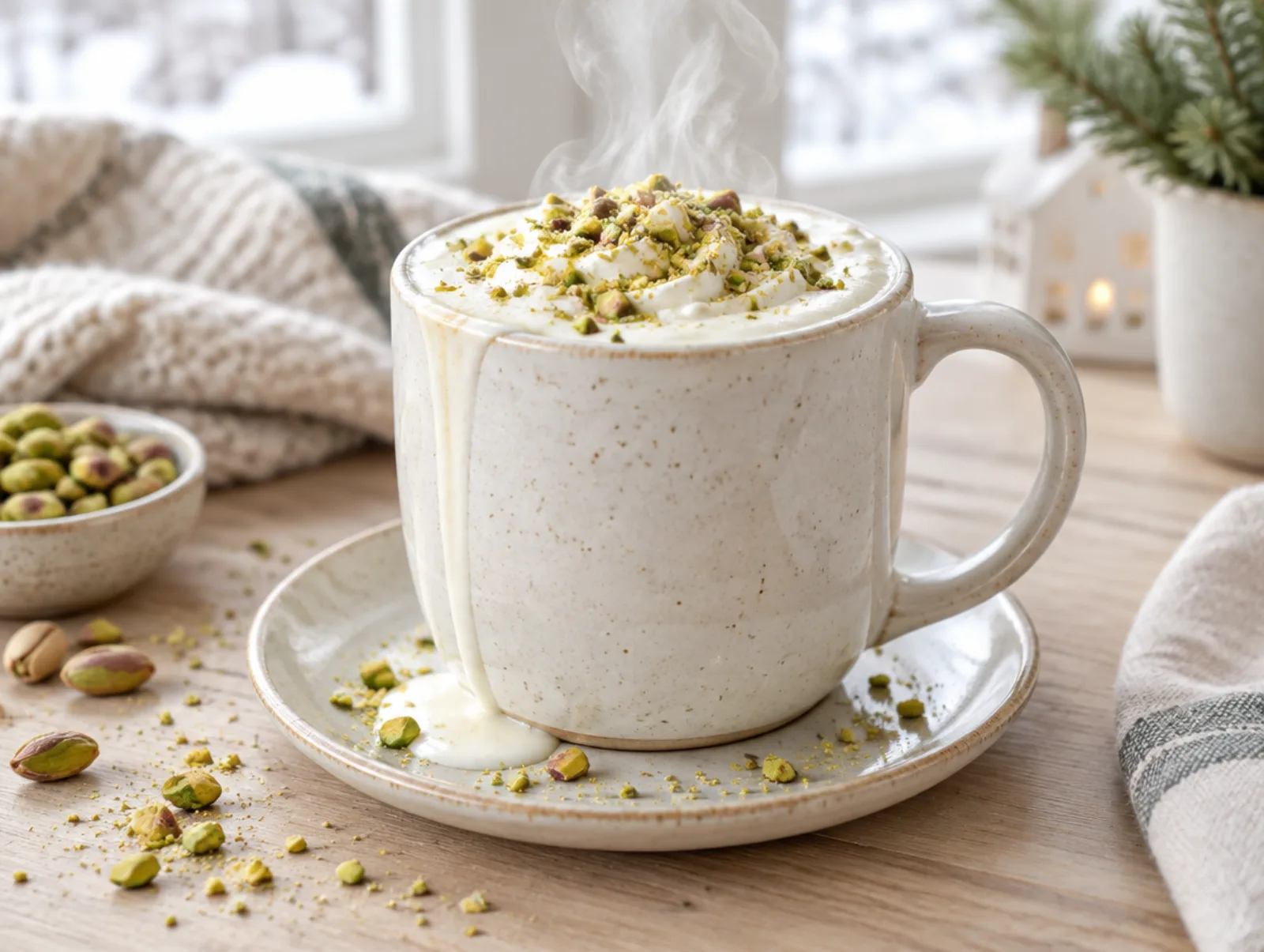 Witte chocolademelk met pistache en vanille in een dikke mok
