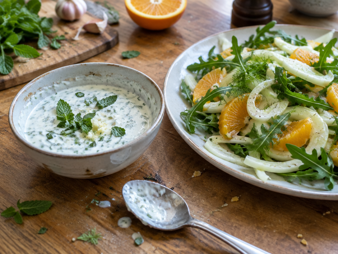 Yoghurtdressing met munt en knoflook in een kommetje naast venkelsalade met sinaasappel