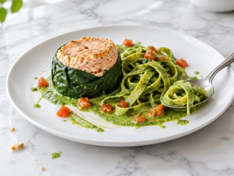 Taartje van zalm met spinaziecoulis en tagliatelle
