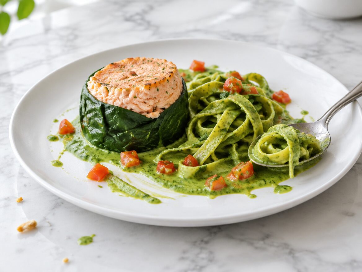 taartje van zalm met spinaziecoulis en tagliatelle op een wit bord