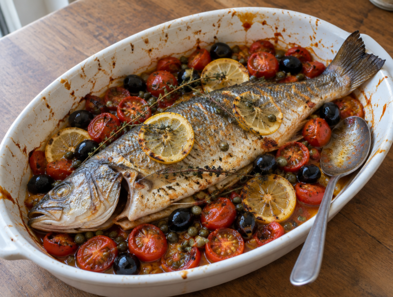 Zeebaars uit de oven met tomaat en olijven