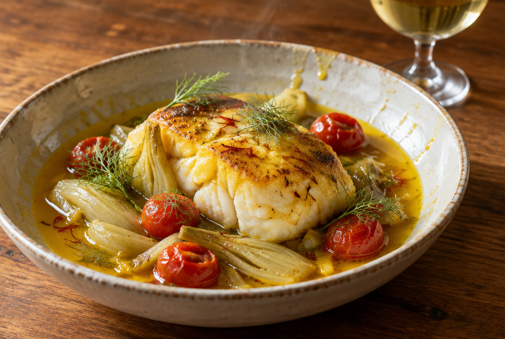 Zeeduivel met saffraan en venkel in een diep bord met bouillon