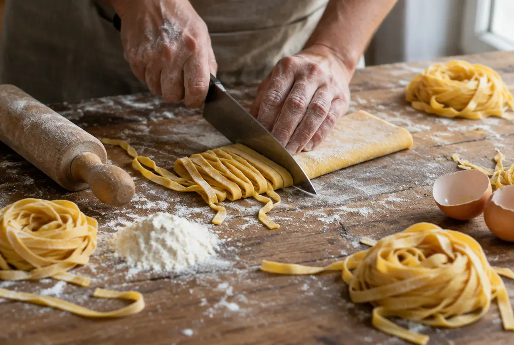 Handen met bloem snijden vers uitgerolde eierpasta tot tagliatelle op een oude houten tafel, met een deegroller en losse nestjes pasta